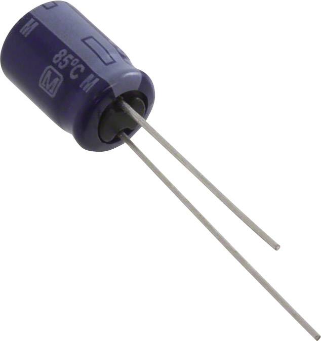 Ein blauer Elektrolytkondensator mit zwei herausstehenden Drähten, ausgelegt für 85°C.