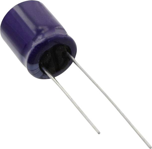 Ein blauer Elektrolytkondensator mit zwei Metallanschlüssen, vor einem weißen Hintergrund.