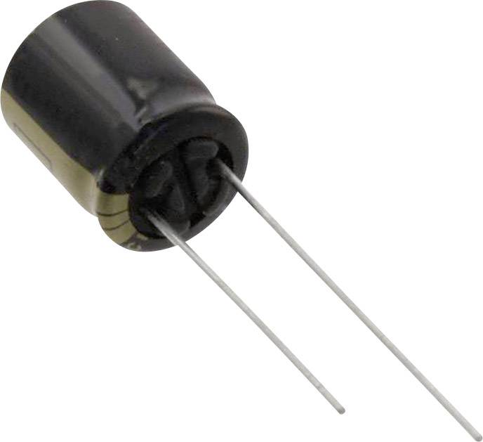 Elektrolyt-Kondensator mit schwarzem Gehäuse und zwei herausragenden Anschlussdrähten, häufig in elektronischen Schaltungen verwendet.