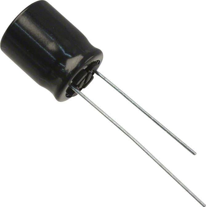 Ein schwarzer zylindrischer Elektrolytkondensator mit zwei langen Anschlussdrähten.