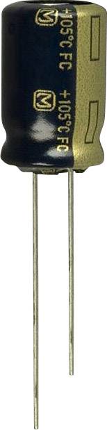 Ein radialer Elektrolytkondensator mit zwei langen Anschlussdrähten, schwarzem Gehäuse und goldener Beschriftung, zeigt +105°C.