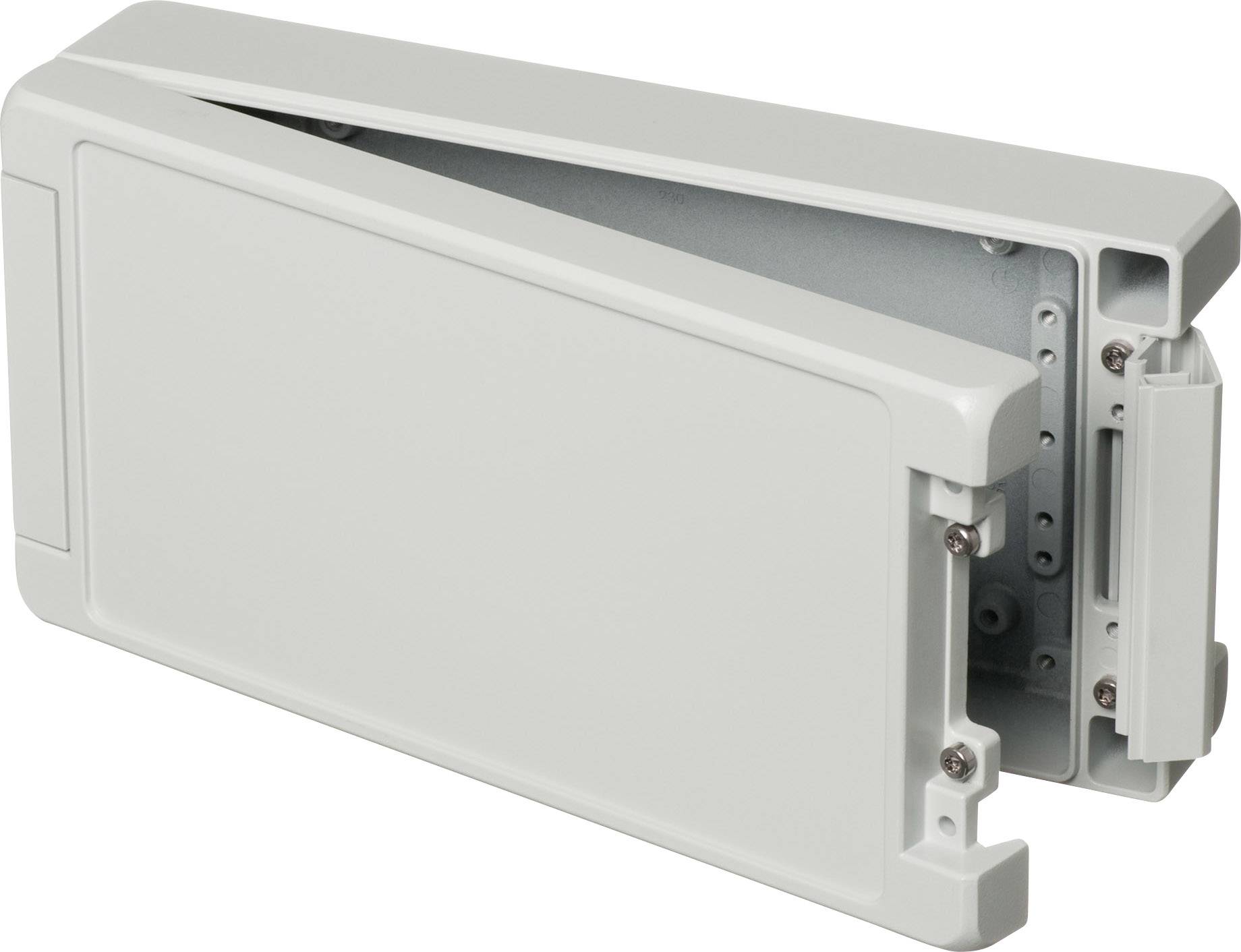 Graues Kunststoffgehäuse, teilweise geöffnet, zeigt innenliegende Schraubenbefestigungen und strukturiertes Design.