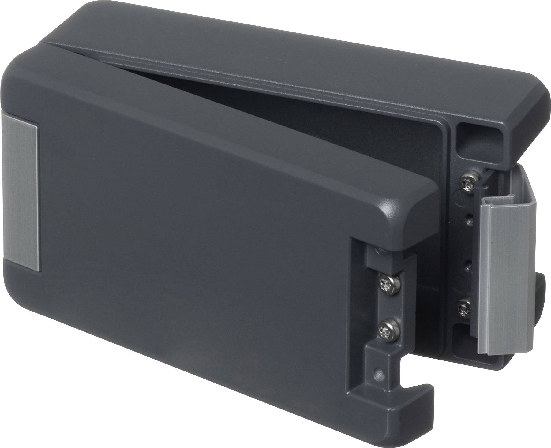 Ein schwarzer, rechteckiger Gegenstand mit silbernen Kanten, ähnlich einem Halter oder Clip, liegt auf einem weißen Hintergrund.