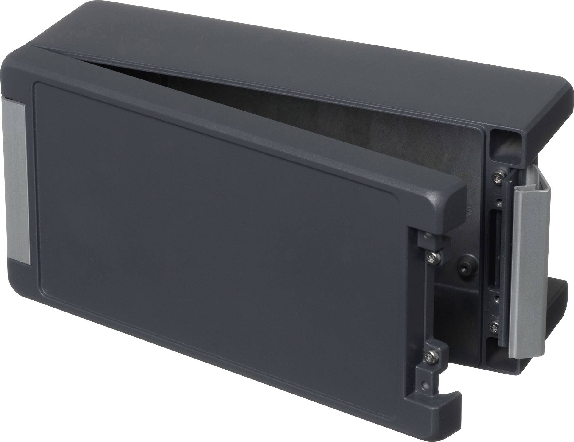 Ein schwarzer Kunststoff-Gehäuseadapter mit offenem Deckel, gezeigt in einem seitlichen Winkel.