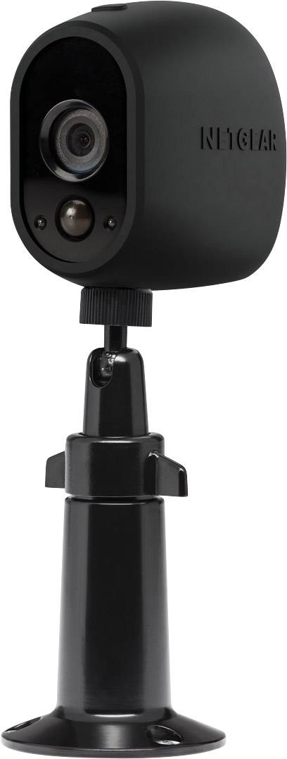 Eine schwarze Überwachungskamera auf einem einstellbaren Ständer. Die Kamera ist von der Marke Netgear und hat ein modernes Design.