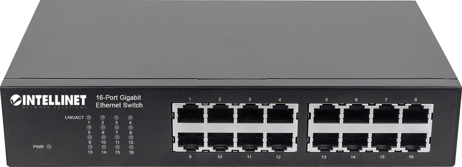 Ein schwarzer 16-Port Gigabit Ethernet-Switch mit zwölf aktiven Ports, dargestellt durch LED-Anzeigen. Marke: Intellinet.