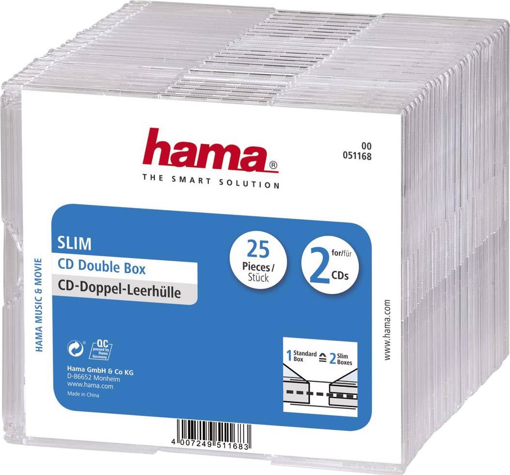 Packung von Hama CD-Doppel-Leerhüllen, 25 Stück, transparent, für zwei CDs pro Hülle.