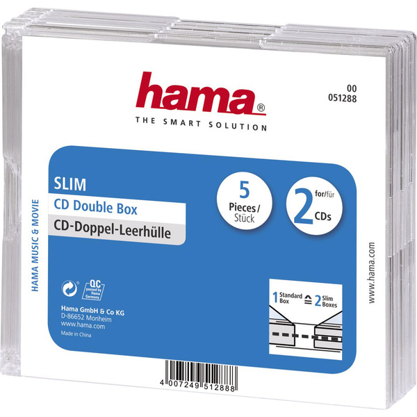 Hama 2fach CD Hülle Slim 2 CDs/DVDs/Blu-rays Polystyrol Transparent 5 St. (B x H x T) 125 x 142 x 5.2 mm 00051288