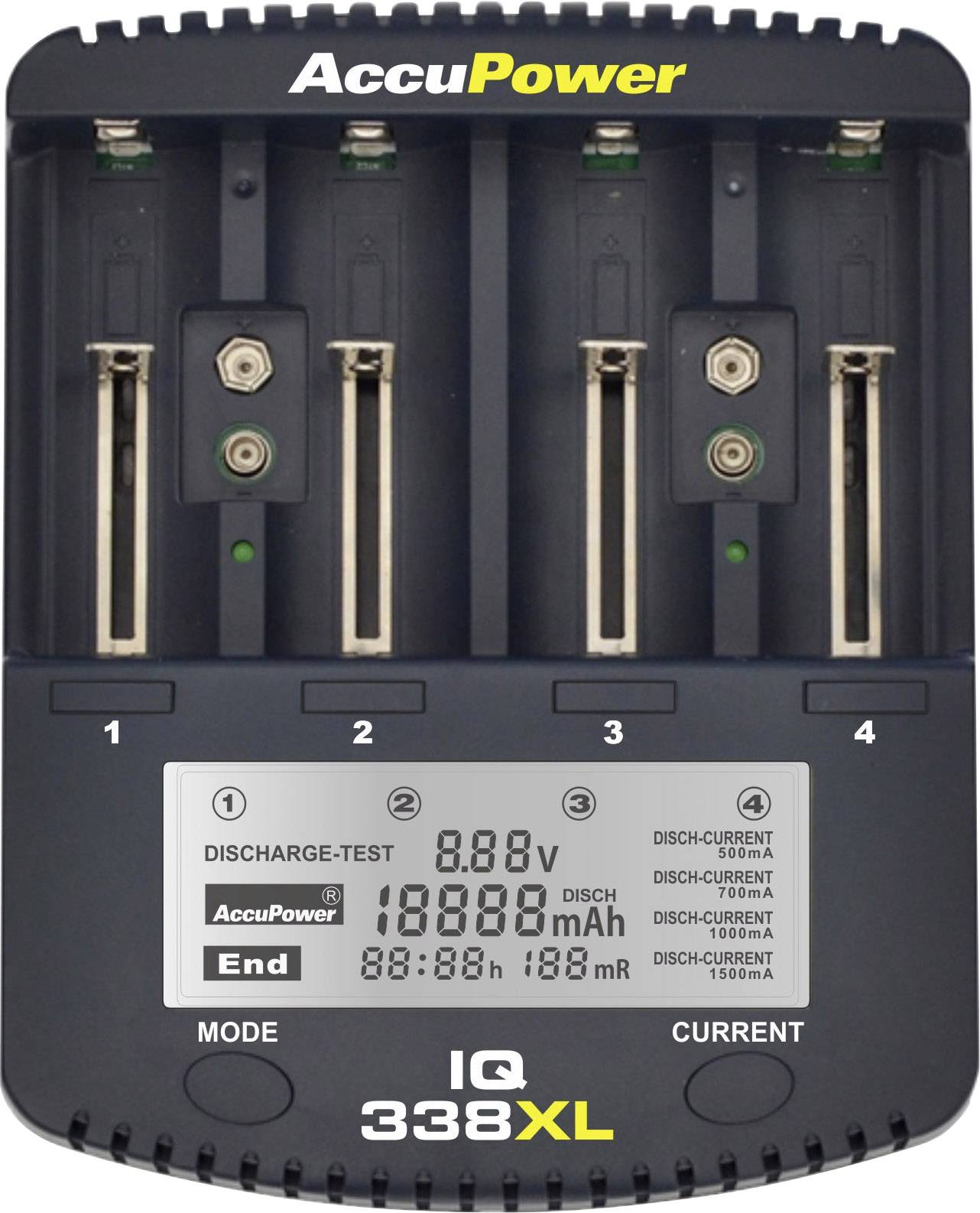AccuPower IQ338XL Rundzellen-Ladegerät NiCd, NiMH, LiIon 10340, 10350, 10440, 10500, 12500, 12650, 13500, 13650, 14500, 14650