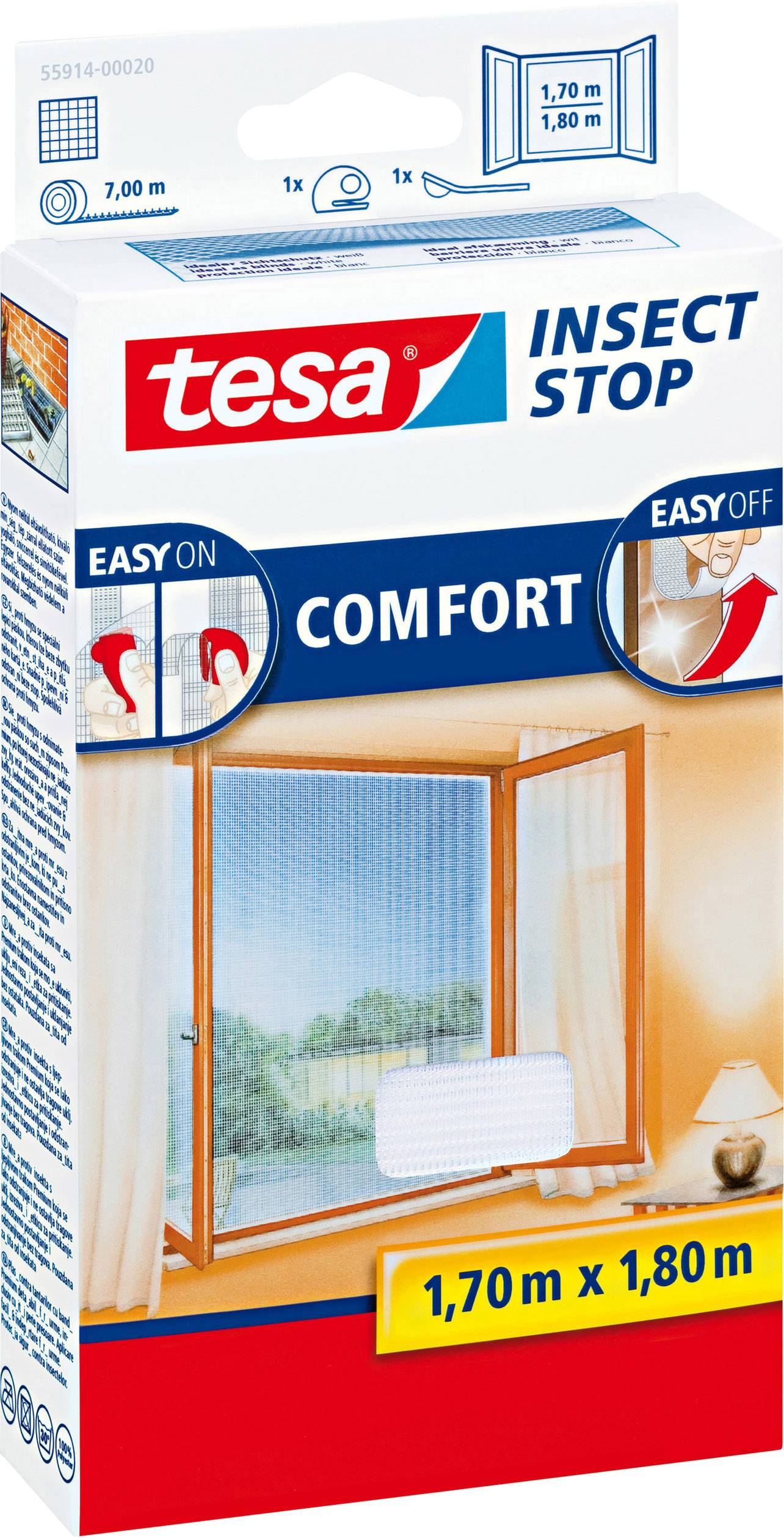 Verpackung einer tesa Insektenschutz-Lösung für Fenster, Maße 1,70 m x 1,80 m. Zeigt einfache Montage und Entfernung.