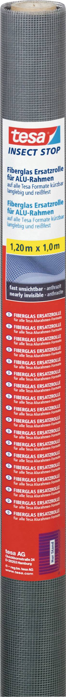 Ein aufgerolltes Produkt mit rotem, weißem und blauem Etikett. Text: 'tesa Insect Stop'. Maße: 1,20 m x 1,50 m. Geeignet für Fenster.