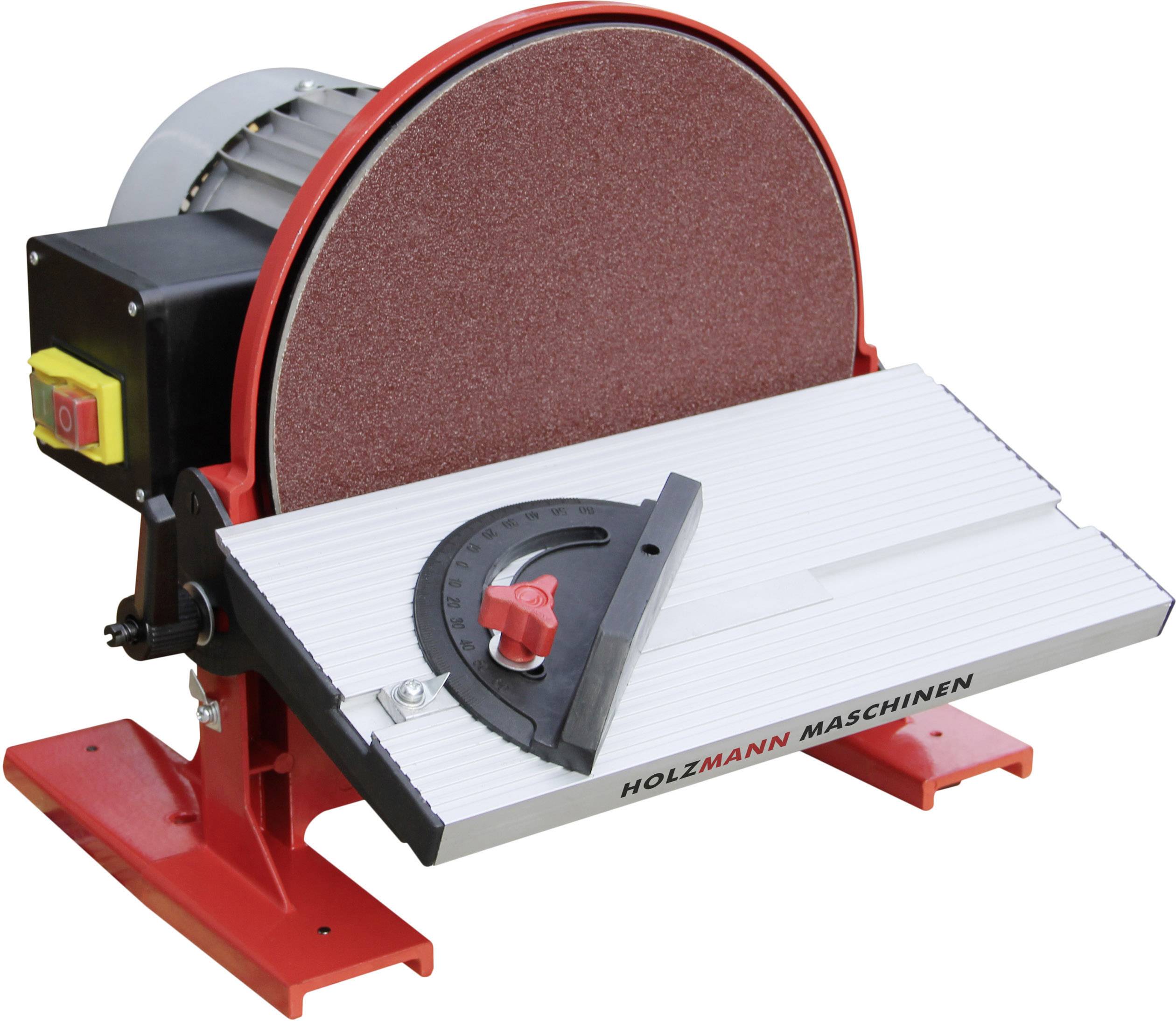 Eine rot-schwarze Bandschleifmaschine mit verstellbarem Winkelmesser auf einer weißen Oberfläche.