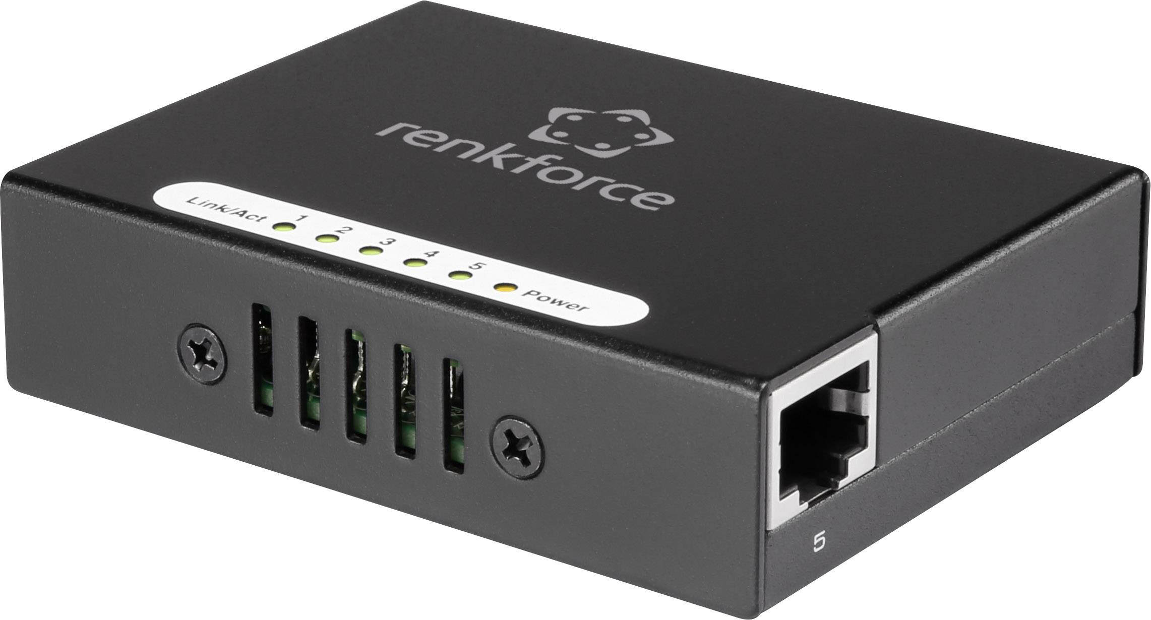 'Renkforce' Ethernet-Hub mit fünf Ports, LEDs zur Statusanzeige und einem Netzwerkanschluss an der Seite. Schwarzes, rechteckiges Gehäuse.