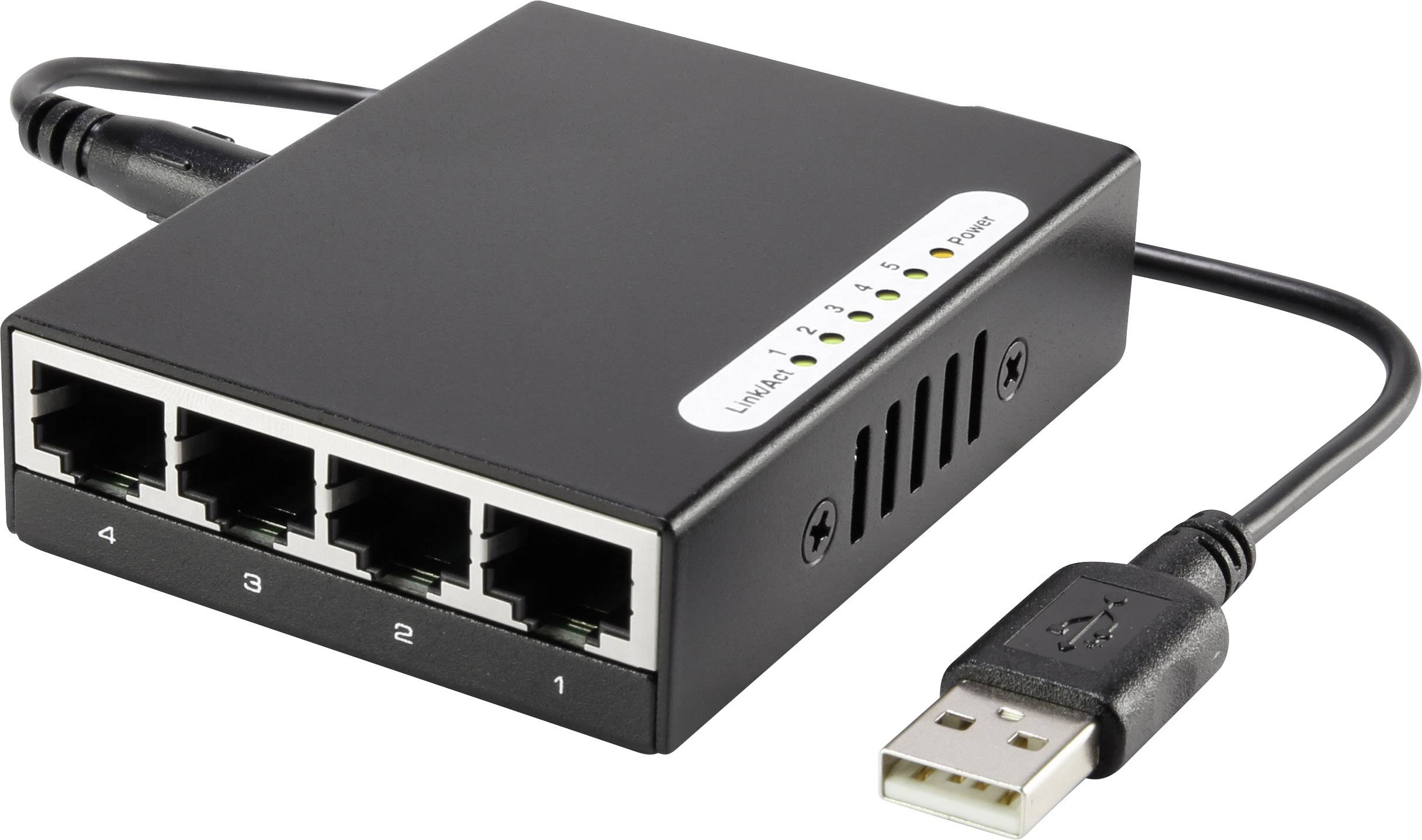 Ein schwarzer Netzwerk-Switch mit vier Ethernet-Ports, nummeriert 1 bis 4, und einem USB-Anschluss zeigt Power- und Link-LEDs.