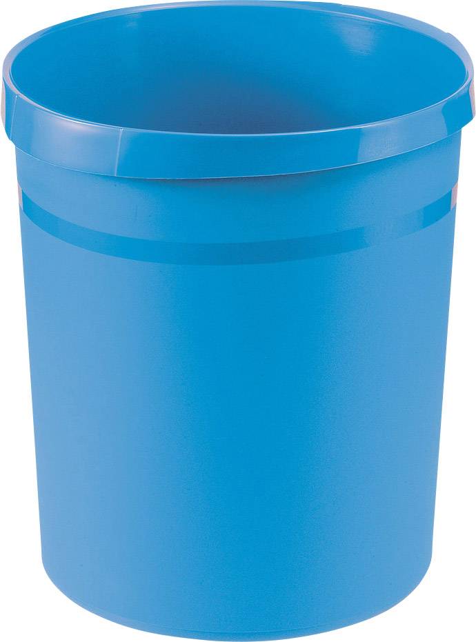 Ein blauer Eimer, der aufrecht steht.