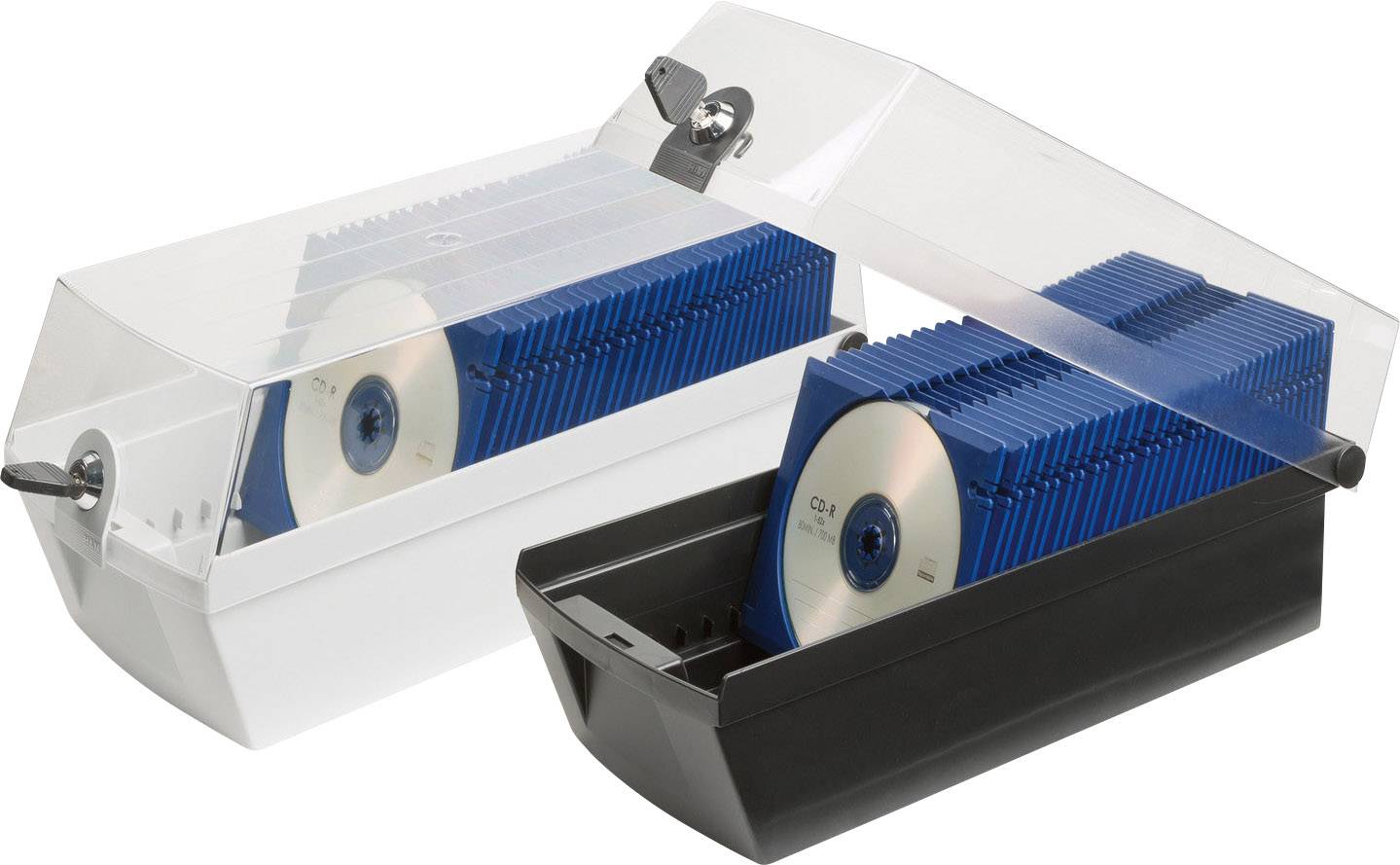 Zwei CD-Aufbewahrungsboxen mit transparentem Deckel, eine schwarz und eine weiß, voller blauer CD-Hüllen.