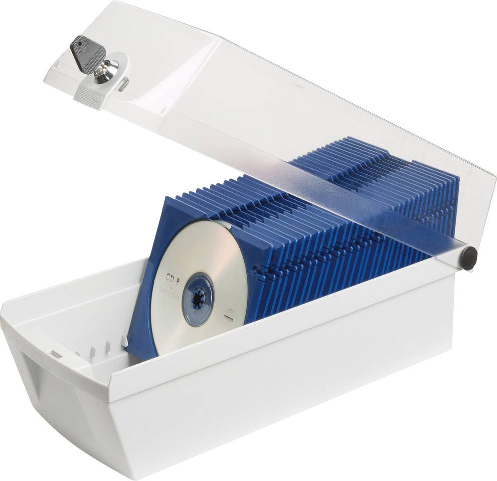 Ein offener CD-Aufbewahrungskasten mit transparentem Deckel zeigt mehrere CDs, die in blauen Einsätzen organisiert sind.