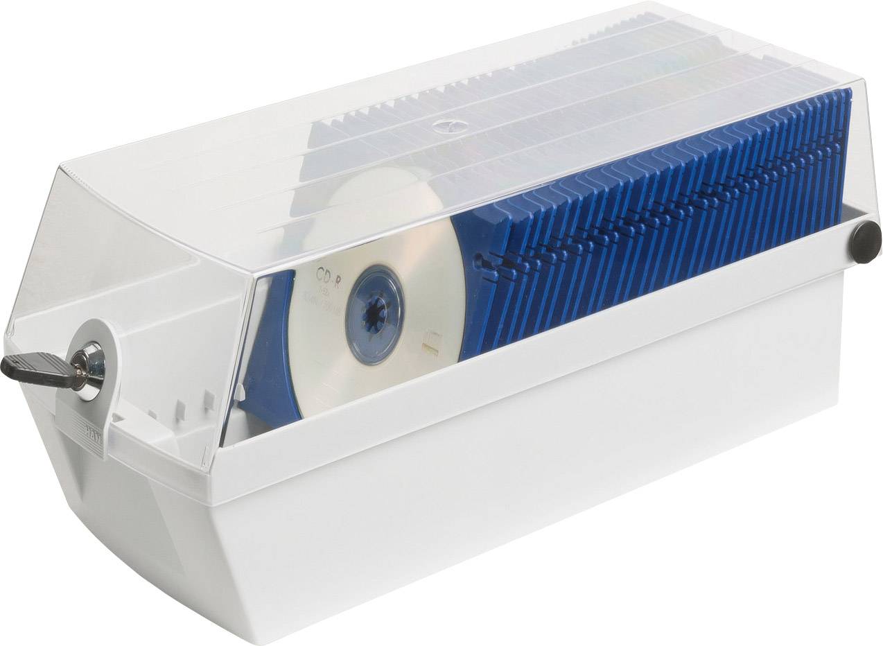 Ein transparenter CD-Organizer mit blauen Halterungen zeigt CDs ordentlich sortiert.