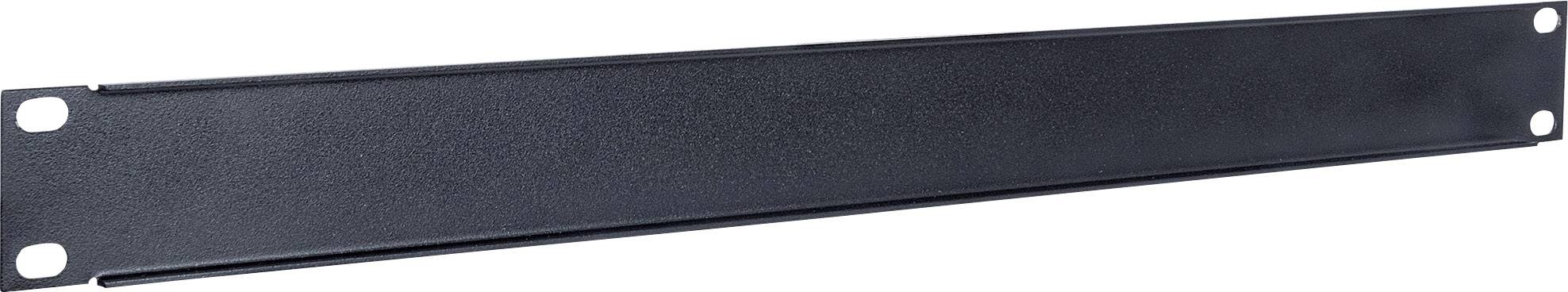 Schwarze, rechteckige Rack-Blende mit vier Befestigungslöchern, zur Abdeckung von leeren Bereichen in einem Server- oder Audiogestell.