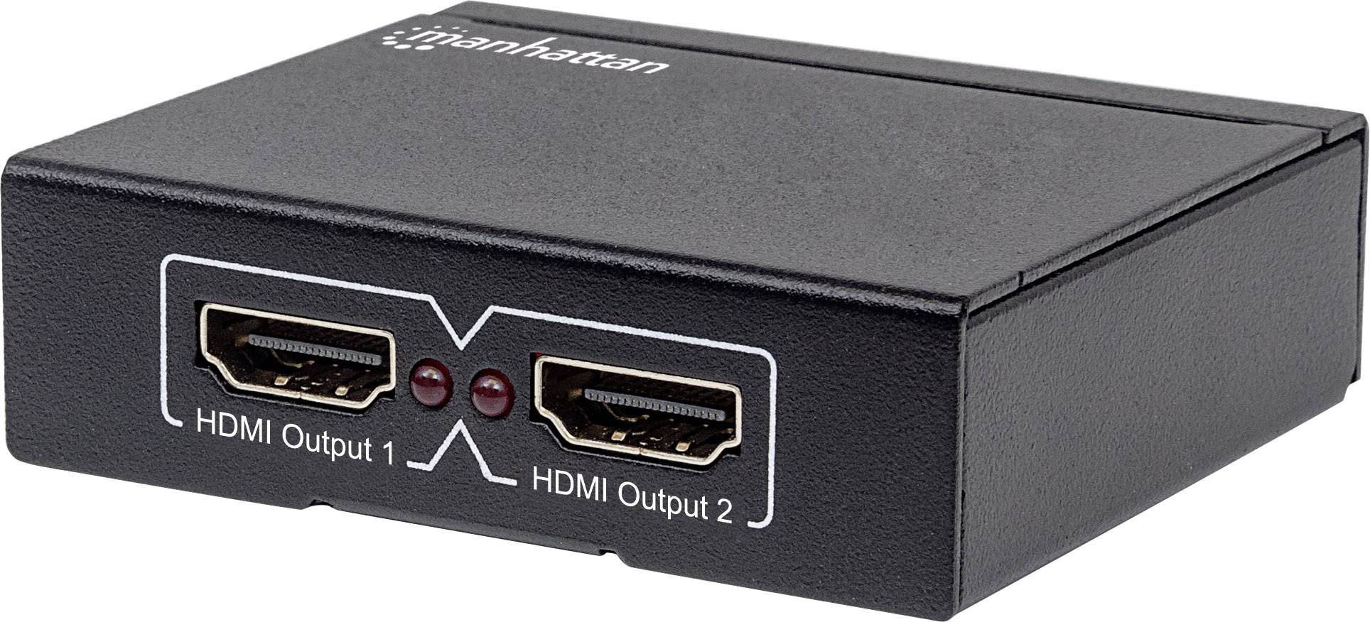 Manhattan 207454 2 Port HDMI-Splitter LED-Anzeige, Metallgehäuse, 3D-Wiedergabe möglich, Ultra HD-fähig, vergoldete Steckkontakte 4096 x 2160 Pixel