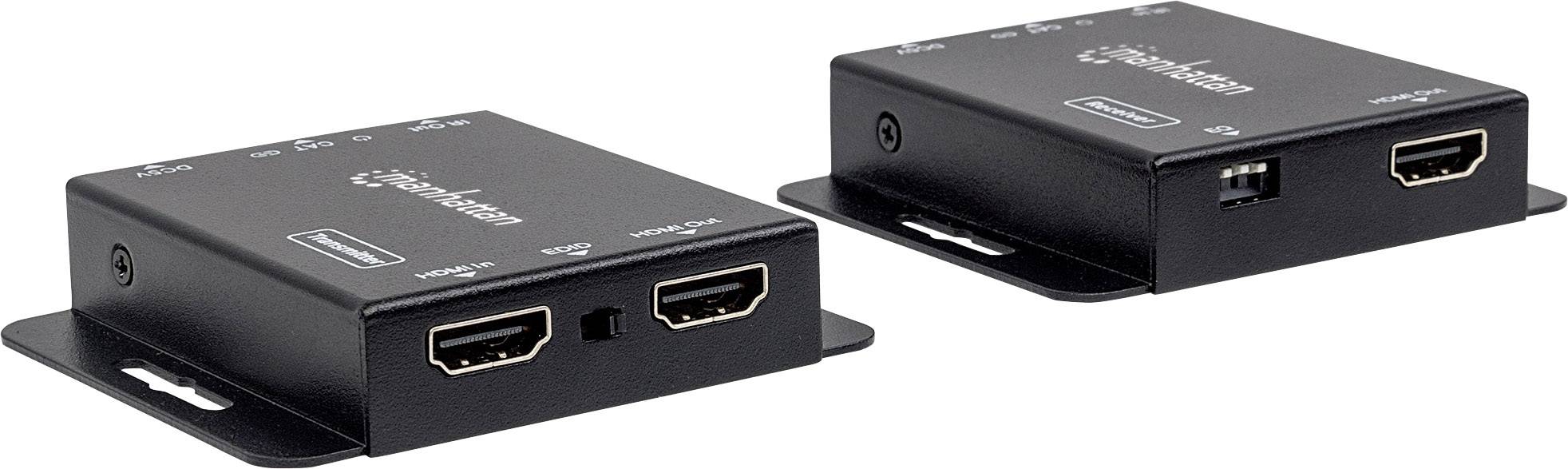 Zwei schwarze HDMI-Extender-Boxen auf weißem Hintergrund, jeweils mit HDMI-Anschlüssen, zur Übertragung von HDMI-Signalen über lange Distanzen.