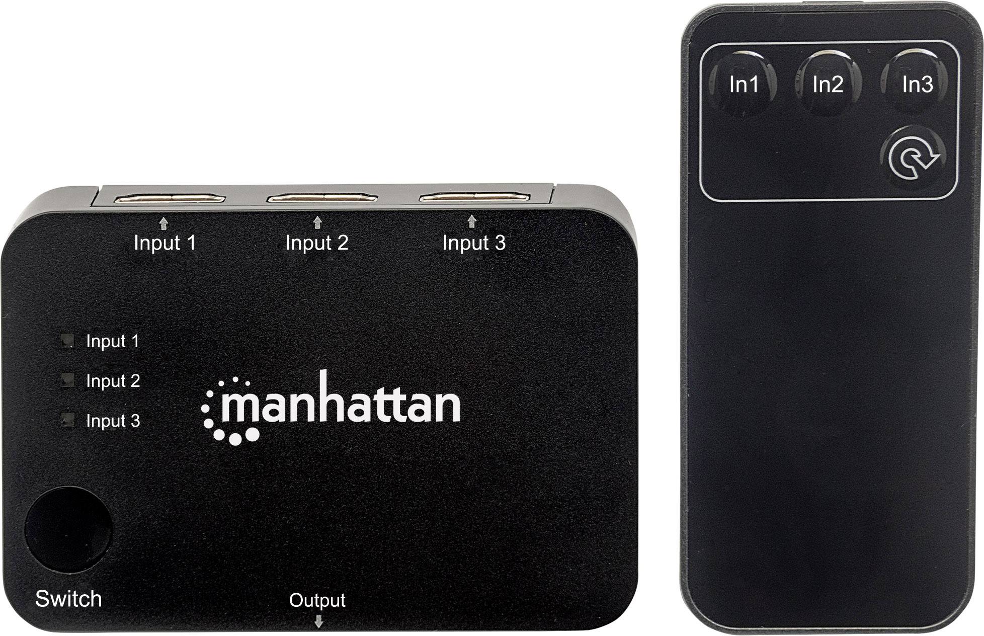 Manhattan 3 Port HDMI-Switch 3D-Wiedergabe möglich, LED-Anzeige, Ultra HD-fähig, mit Fernbedienung, mit Status-LEDs, vergoldete Steckkontakte 4096