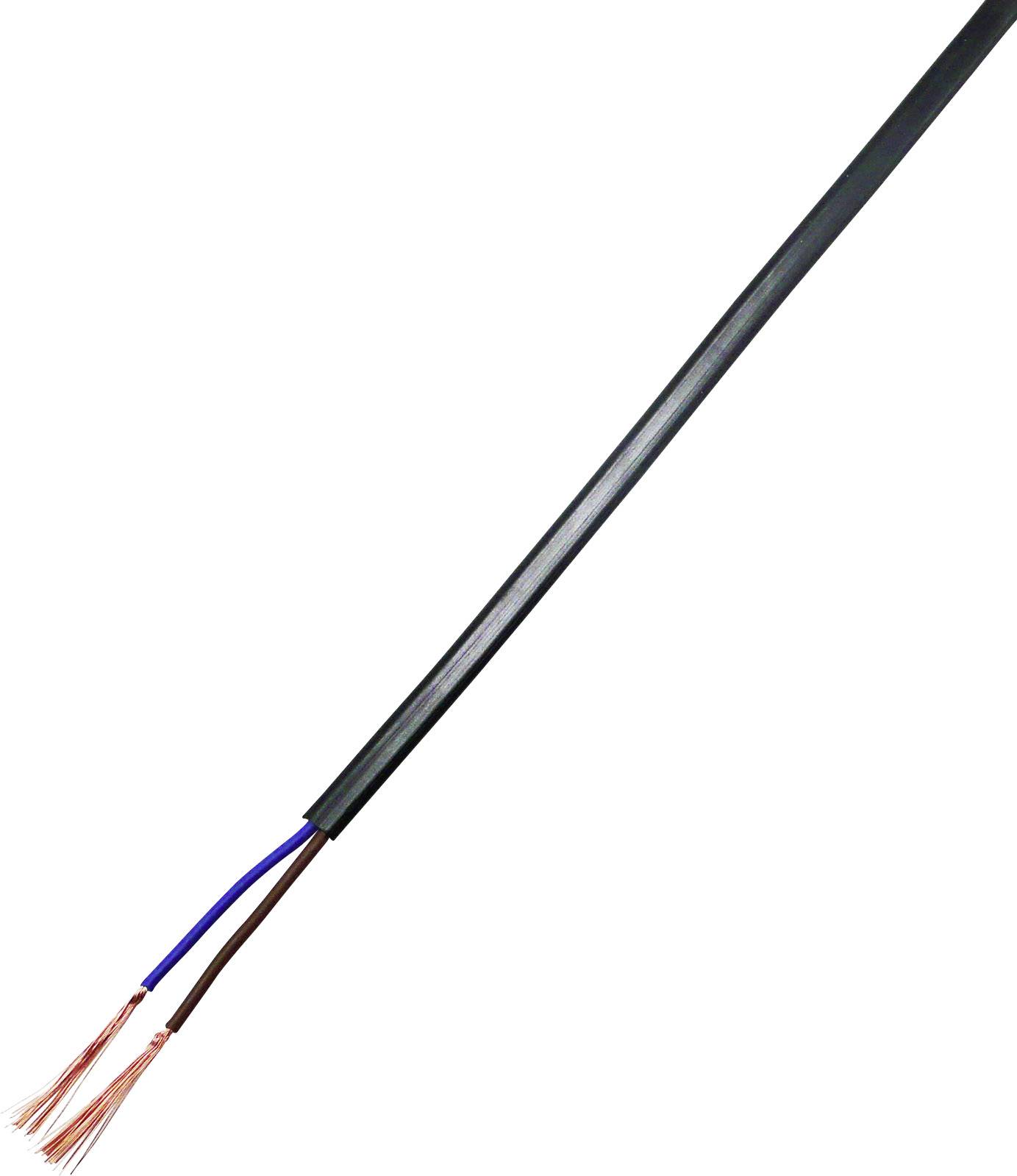 Zweidrahtiges Stromkabel mit blauen und braunen Drähten, die an einem schwarzen Außengehäuse enden.