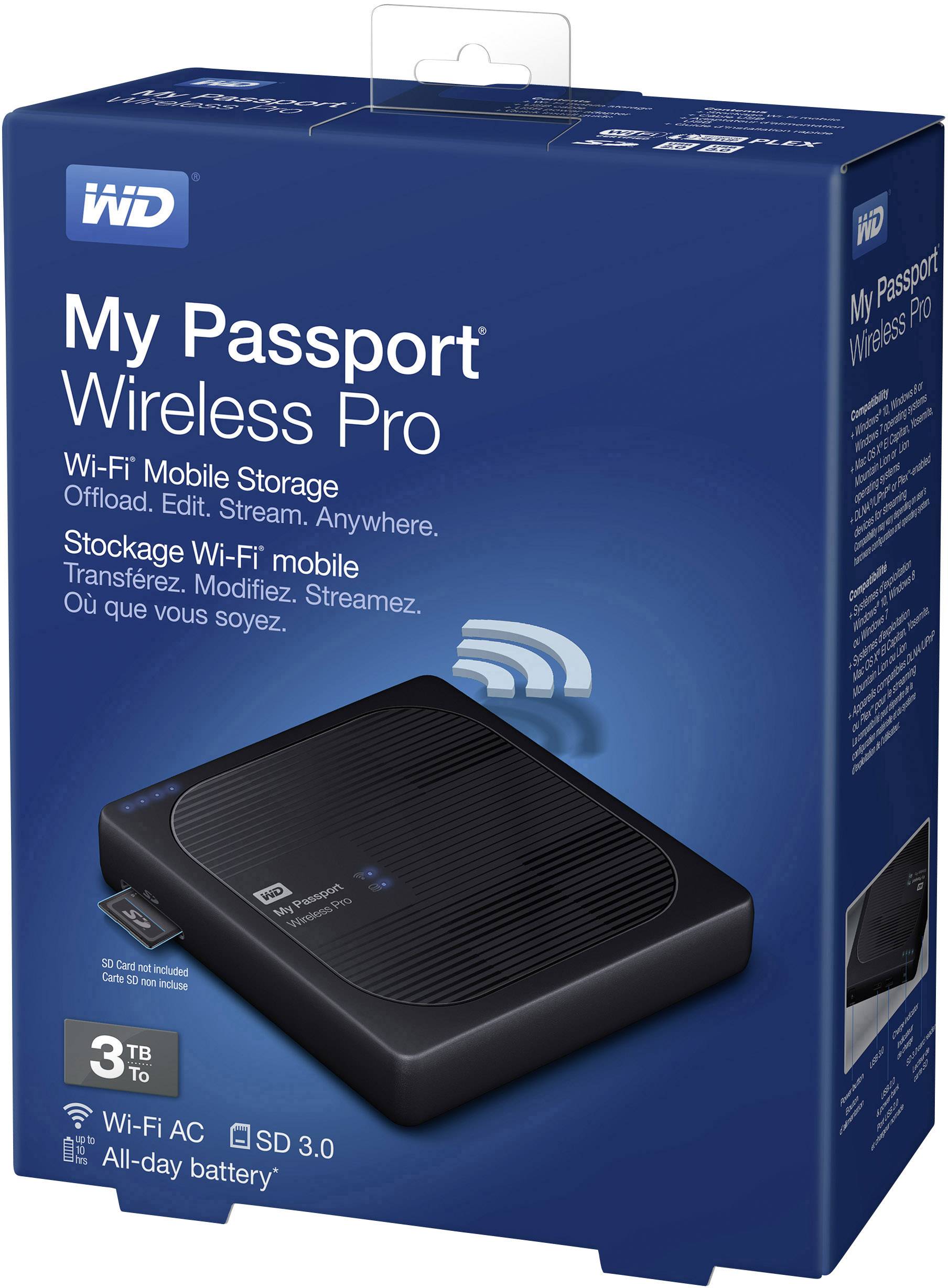 WD My Passport Wireless Pro 4TB WLAN-Festplatte USB 2.0, USB 3.2 Gen 1 (USB 3.0), Kartenleser, WLAN 802.11 b/g/n/ac Schwarz