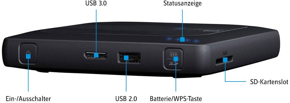 WD My Passport Wireless Pro 3 TB WLAN-Festplatte USB 2.0, USB 3.2 Gen 1 (USB 3.0), Kartenleser, WLAN 802.11 b/g/n/ac Schwarz WDBSMT0030BBK-EESN