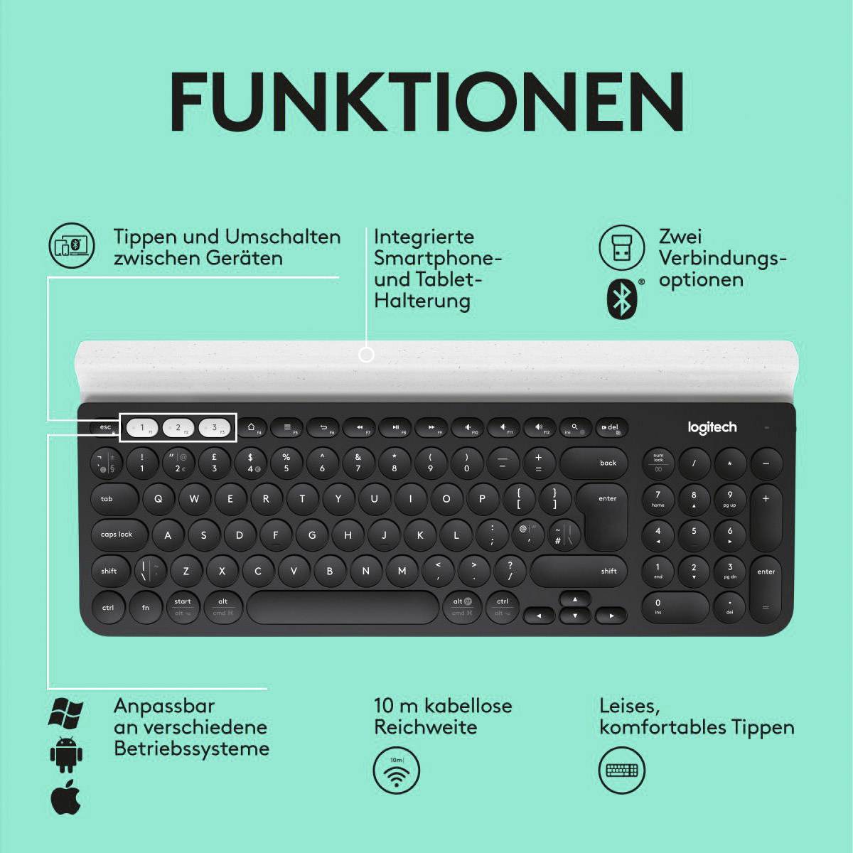 Logitech K780 Multi-Device Bluetooth® Tastatur Deutsch, QWERTZ Schwarz