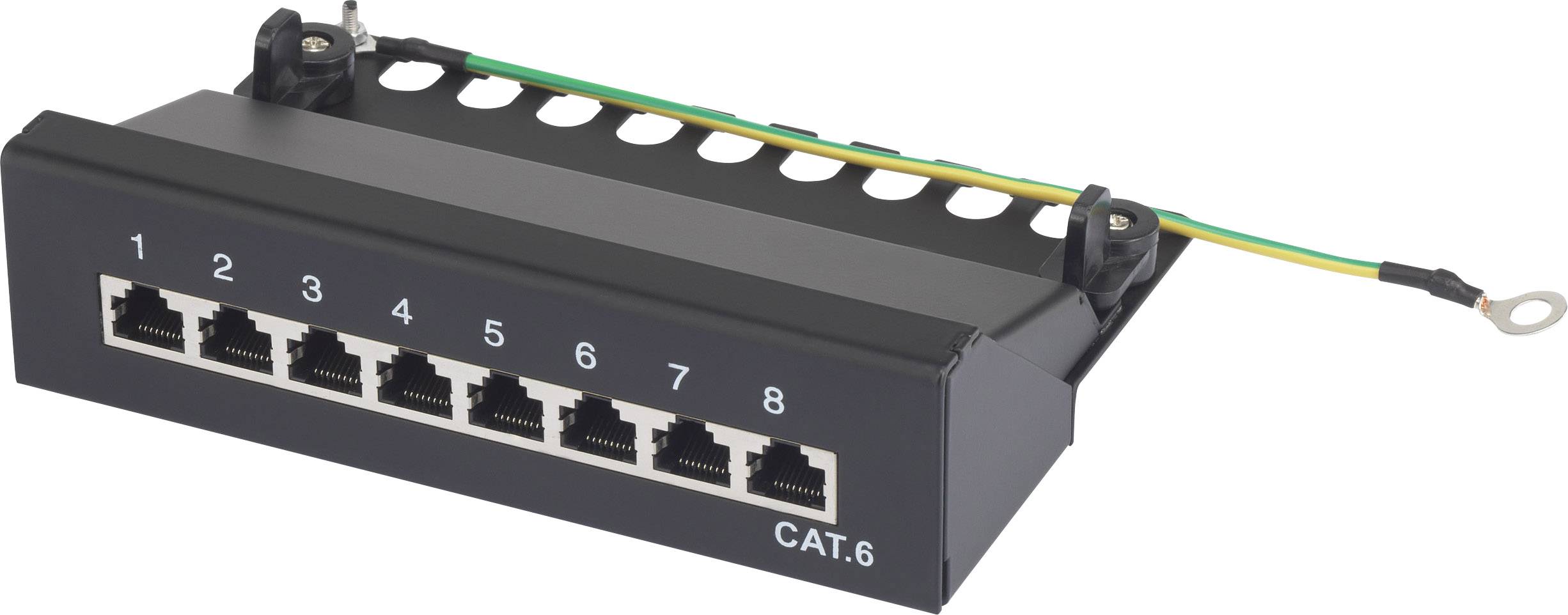 Ein schwarzes CAT.6 Patchpanel mit acht nummerierten Ethernet-Ports, geeignet für Netzwerkverbindungen, mit gelbem und grünem Erdungskabel.