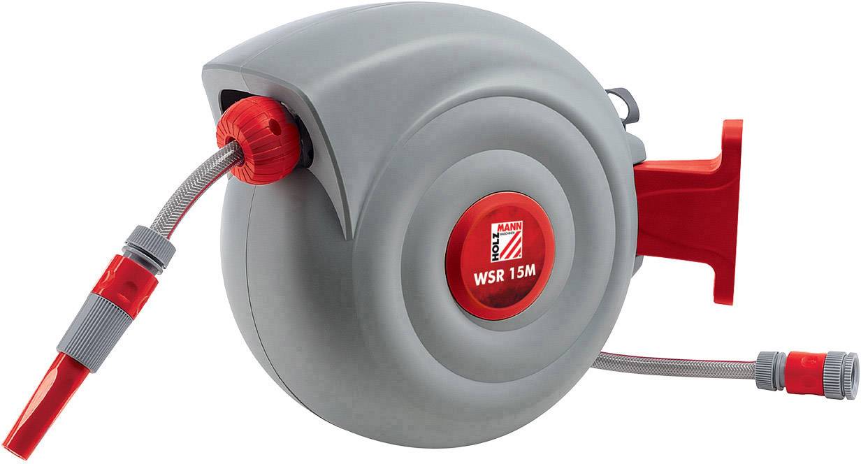Grau-rote automatische Schlauchtrommel mit 15 Meter Gartenwasserschlauch, Wandhalterung und Sprühdüse.