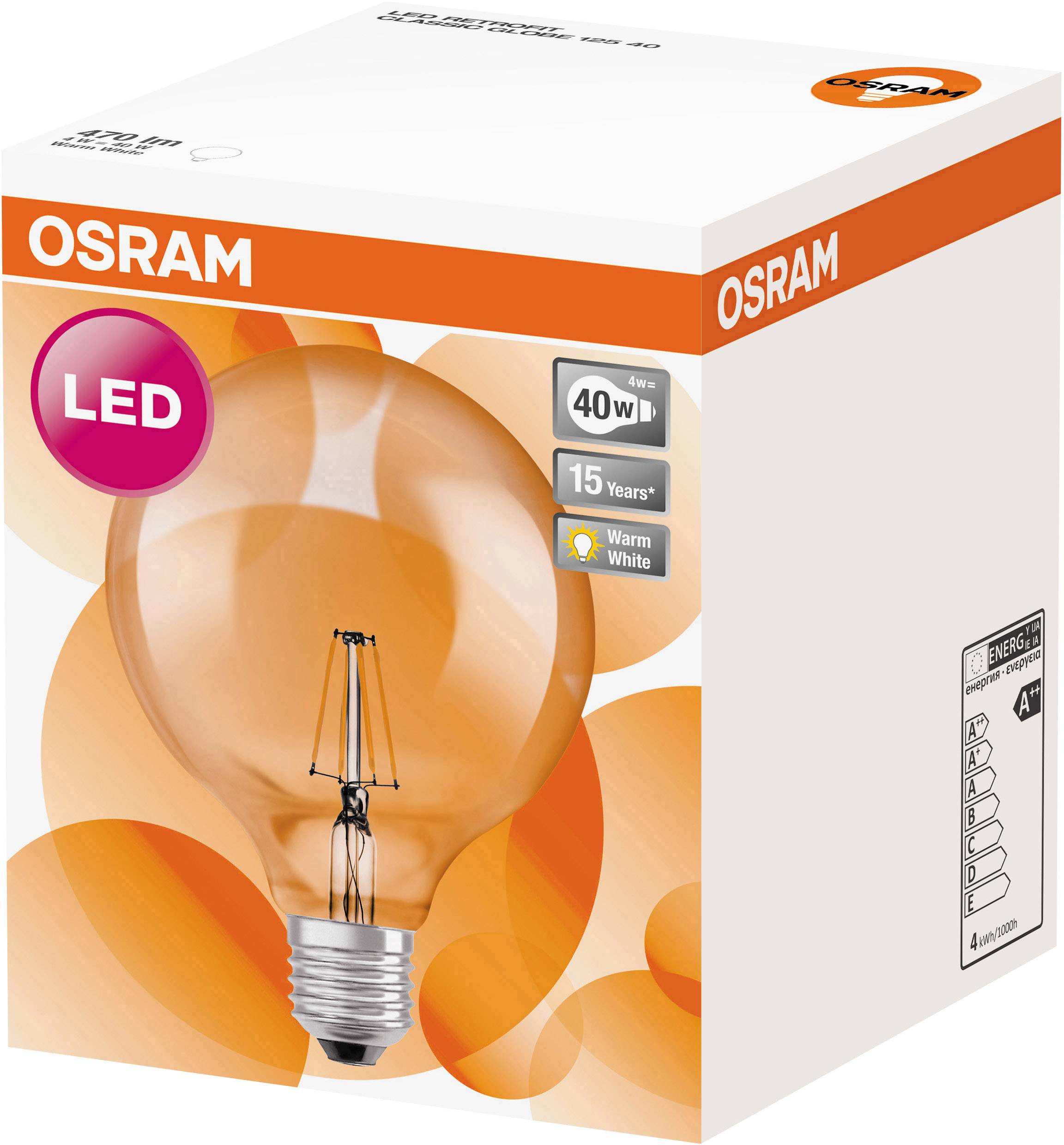 OSRAM HOMELIGHTING 4052899972384 LED EEK E (A - G) E27 Globeform 4 W = 40 W Warmweiß (Ø x L) 124 mm x 168 mm Filament 1 St.