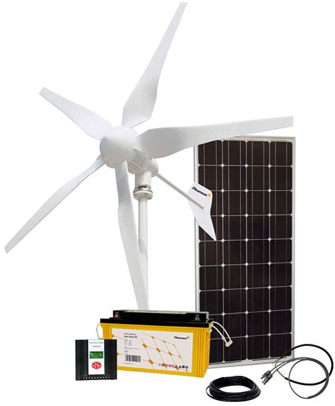 Windkraftanlage und Solarpanel mit Batterie und Zubehör. Set zur Erzeugung erneuerbarer Energie, ideal für autarke Stromversorgung.