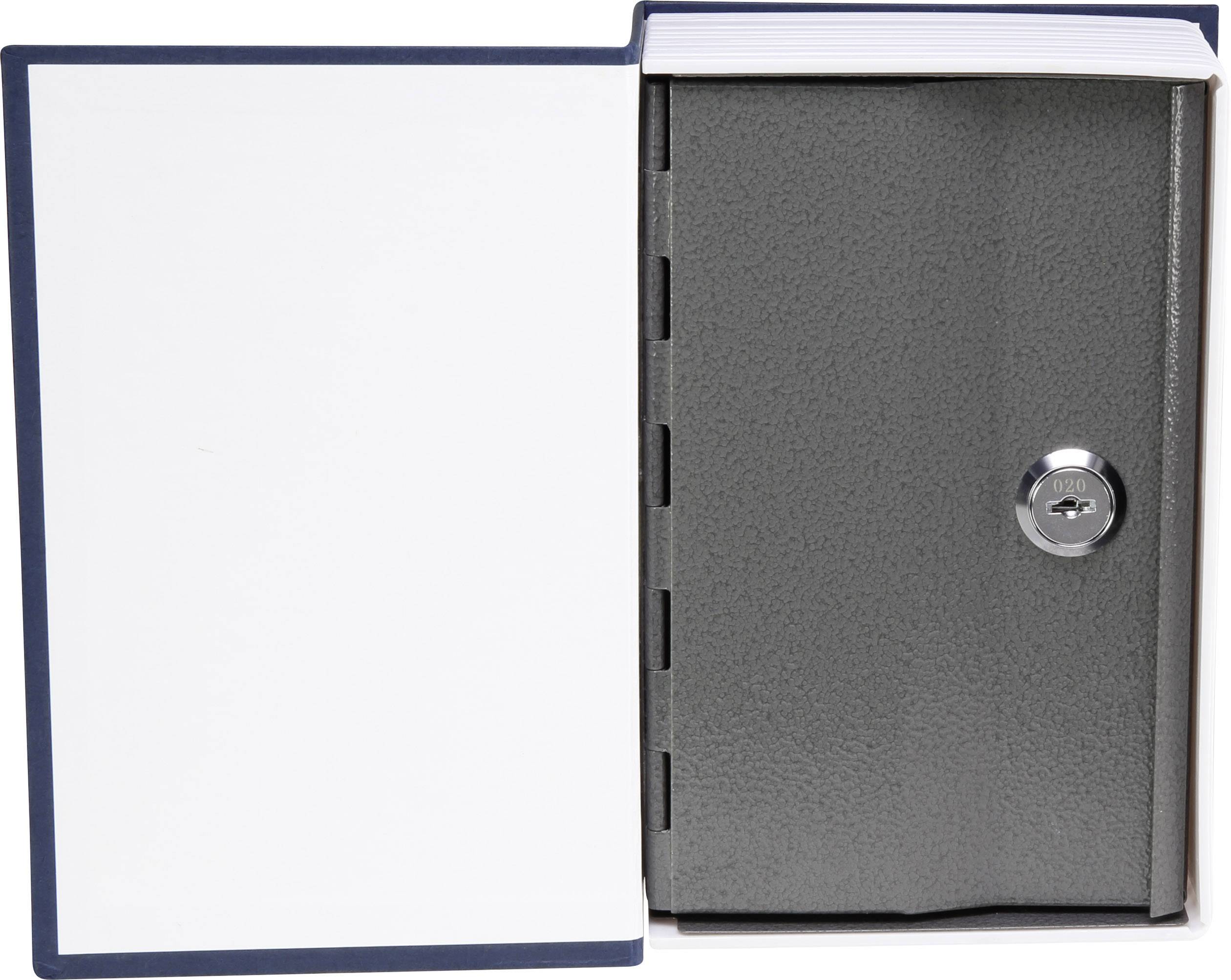 Ein Safe in Form eines Buches. Das Buch ist geöffnet und zeigt eine graue Metallschließfach mit Schloss auf der rechten Seite.