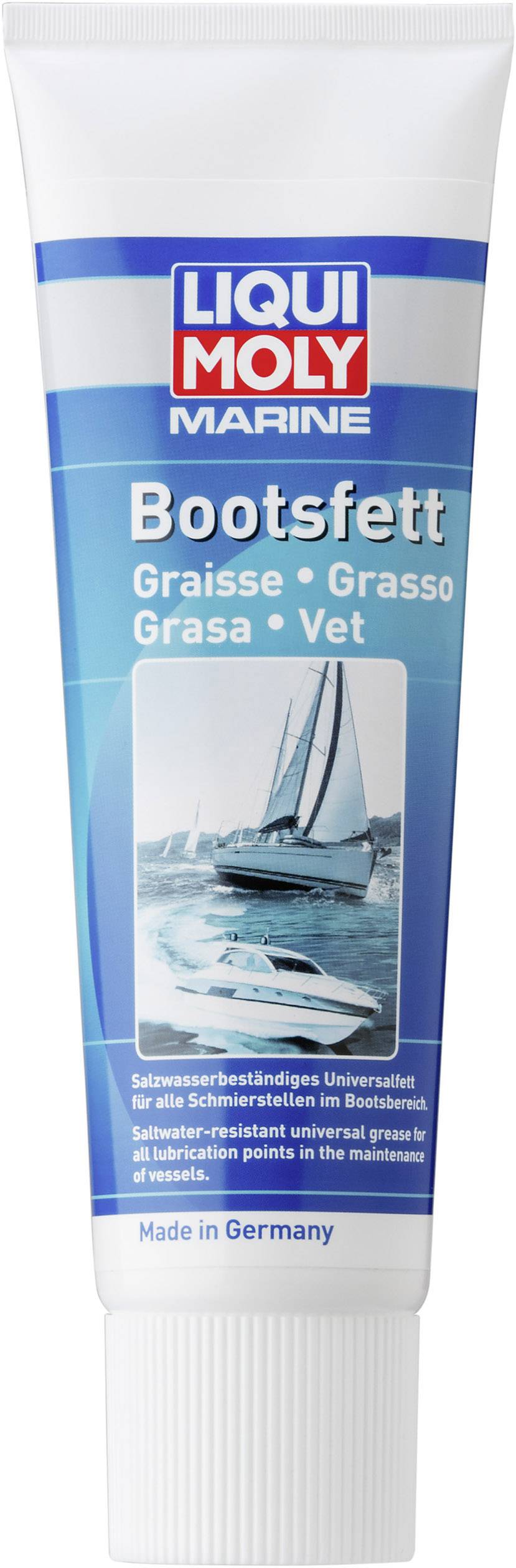 Eine blaue Tube Liqui Moly Marine Bootsfett mit einem Segelboot auf dem Etikett. Beschriftungen in mehreren Sprachen.