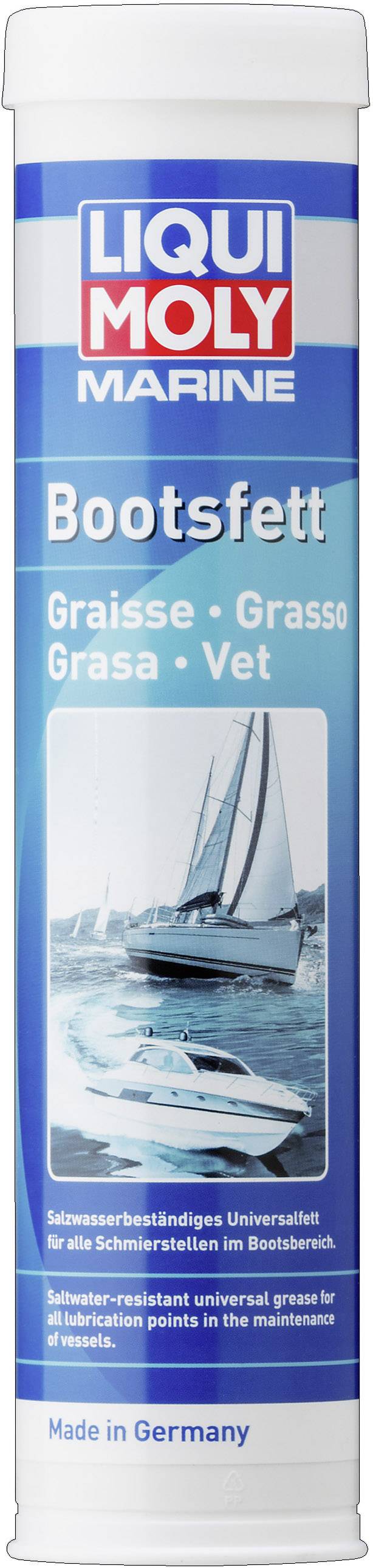 Tube mit 'Liqui Moly Marine Bootsfett', zeigt Segelboot und Motorboot auf dem Wasser. Produkt für maritime Anwendungen. Made in Germany.