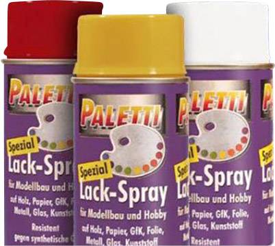 Drei Spraydosen in den Farben Rot, Gelb und Weiß der Marke 'Paletti', beschriftet mit 'Spezial Lack-Spray' für Modellbau und Hobby.