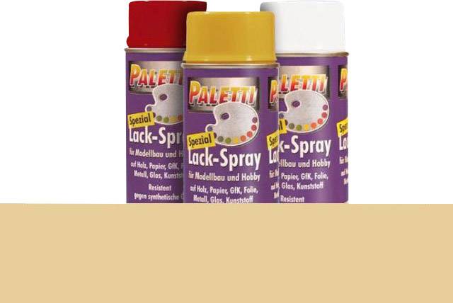 Drei Dosen Lack-Spray von Paletti mit roten, gelben und weißen Kappen für Modellbau und Hobby