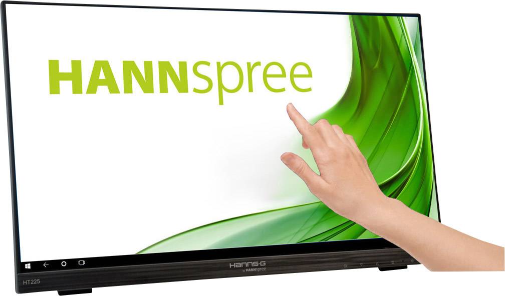 Ein Finger tippt auf den Touchscreen eines HANNspree Monitors mit grünem Design, das den Markennamen zeigt.