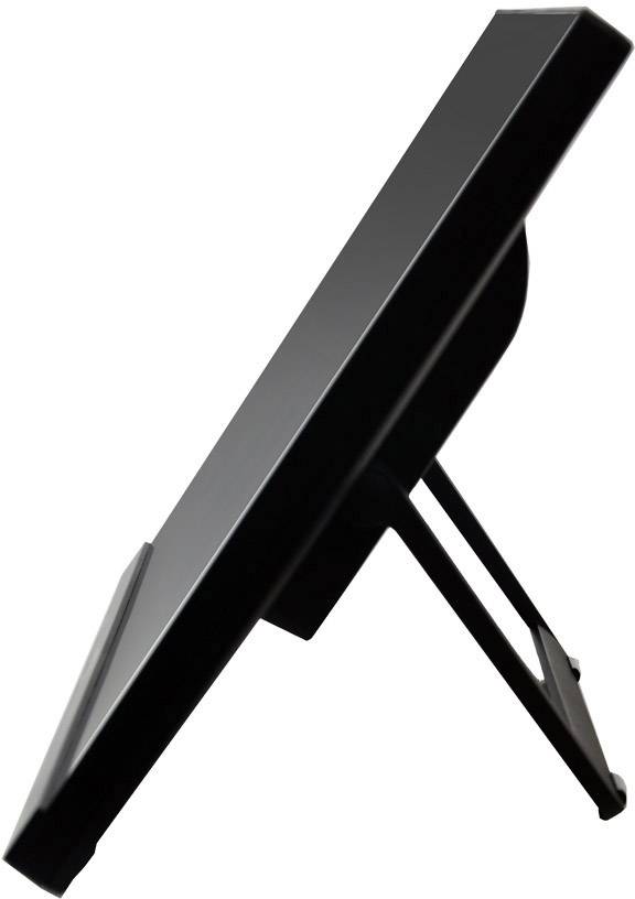 Seitliche Ansicht eines schwarzen Monitors auf einem verstellbaren Ständer, der leicht nach hinten geneigt ist.