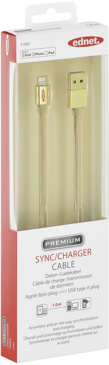 Ednet iPad/iPhone/iPod Ladekabel/Datenkabel [1x USB 2.0 Stecker A - 1x Apple Lightning-Stecker] 1.00m Gold