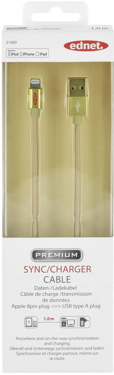 Ednet iPad/iPhone/iPod Ladekabel/Datenkabel [1x USB 2.0 Stecker A - 1x Apple Lightning-Stecker] 1.00m Gold