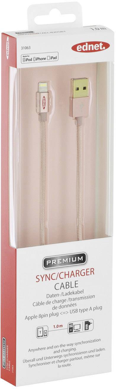 Ednet iPad/iPhone/iPod Ladekabel/Datenkabel [1x USB 2.0 Stecker A - 1x Apple Lightning-Stecker] 1.00m Roségold