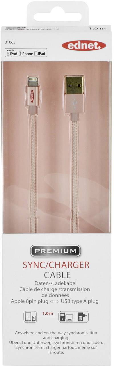 Ednet iPad/iPhone/iPod Ladekabel/Datenkabel [1x USB 2.0 Stecker A - 1x Apple Lightning-Stecker] 1.00m Roségold