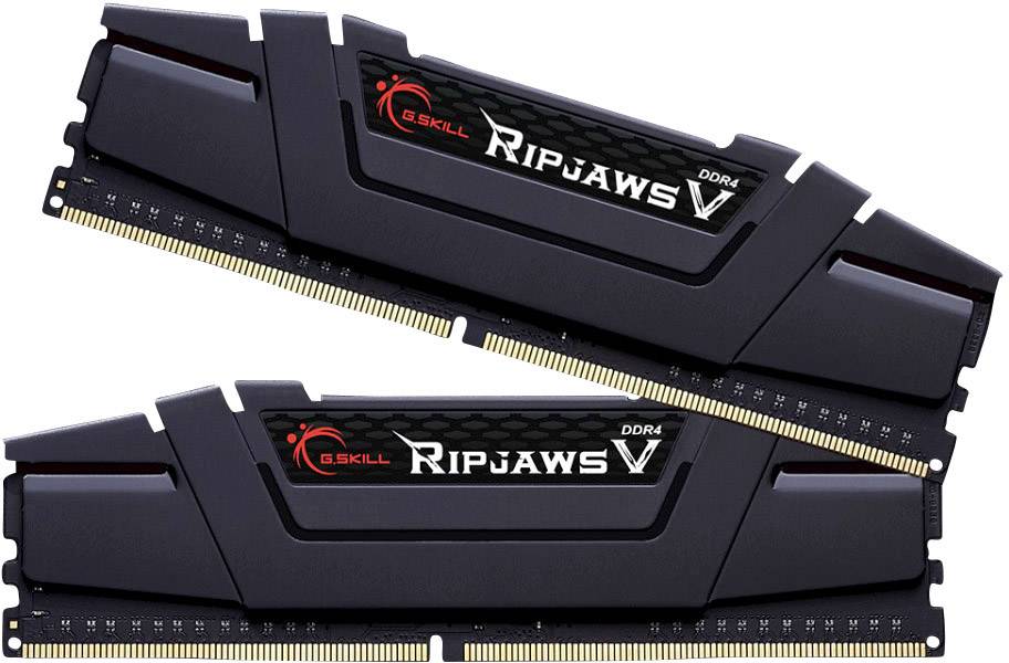 Zwei schwarze DDR4-RAM-Module mit dem Schriftzug 'Ripjaws V' und dem G.Skill-Logo. Sie sind für Computeraufrüstung bestimmt.