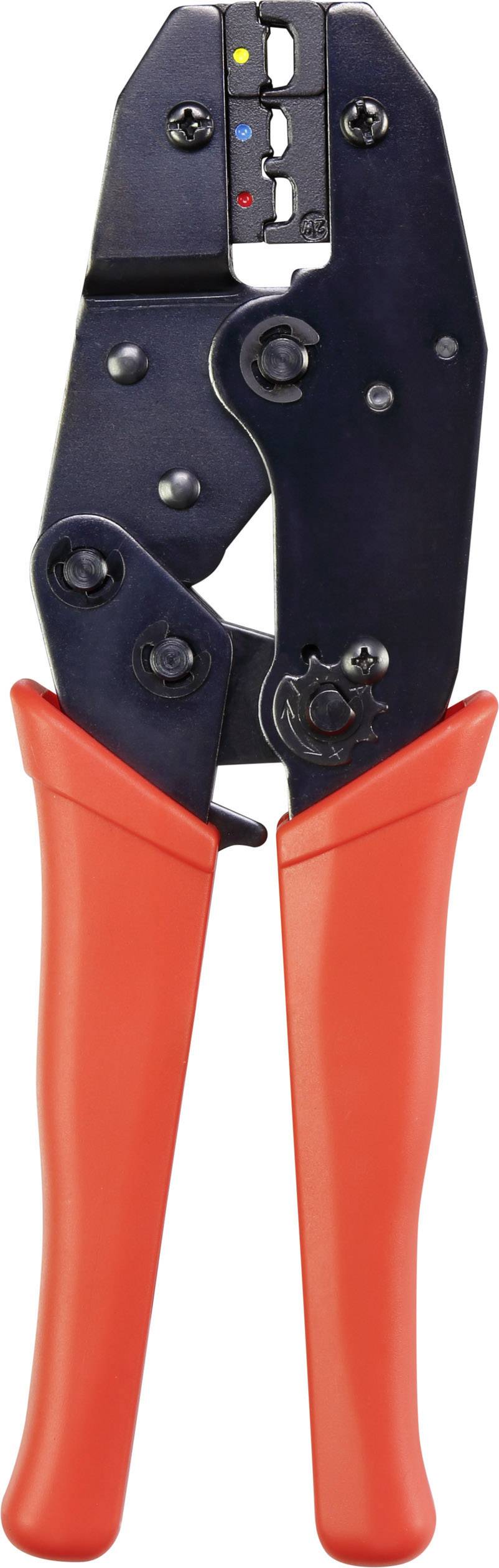 Eine rote Handzange mit schwarzem Kopf, oft verwendet für Crimp- und Drahtarbeiten, zeigt ihre Funktion bei der Kabelbearbeitung.