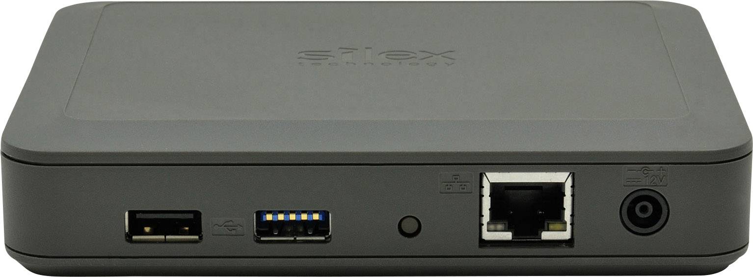 Ein schwarzer Netzwerkadapter mit USB-Anschlüssen, Ethernet-Port und Stromanschluss auf der Vorderseite, für Computerverbindungen.