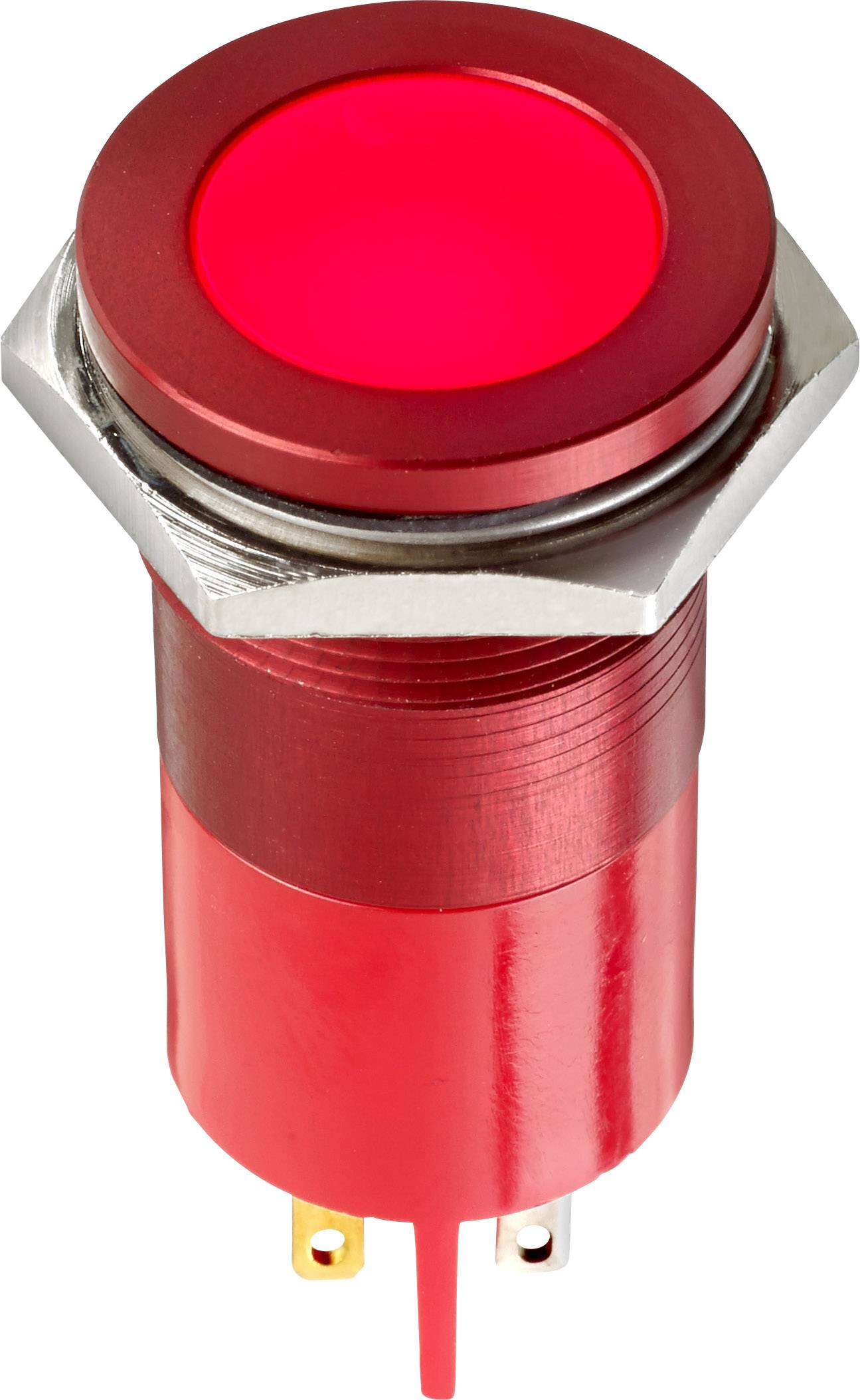 Ein roter Knopf mit Metallrand, leuchtet, vermutlich ein Not-Aus-Schalter. Dient zur Sicherheit in Maschinen oder elektrischen Anlagen.