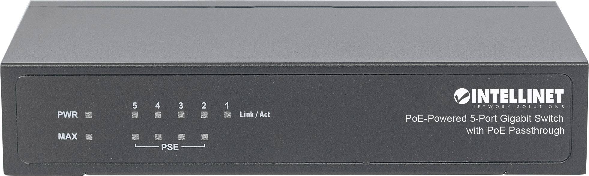 'INTELLINET PoE-Powered 5-Port Gigabit Switch' mit Anschluss und LED-Anzeigen auf der Vorderseite.